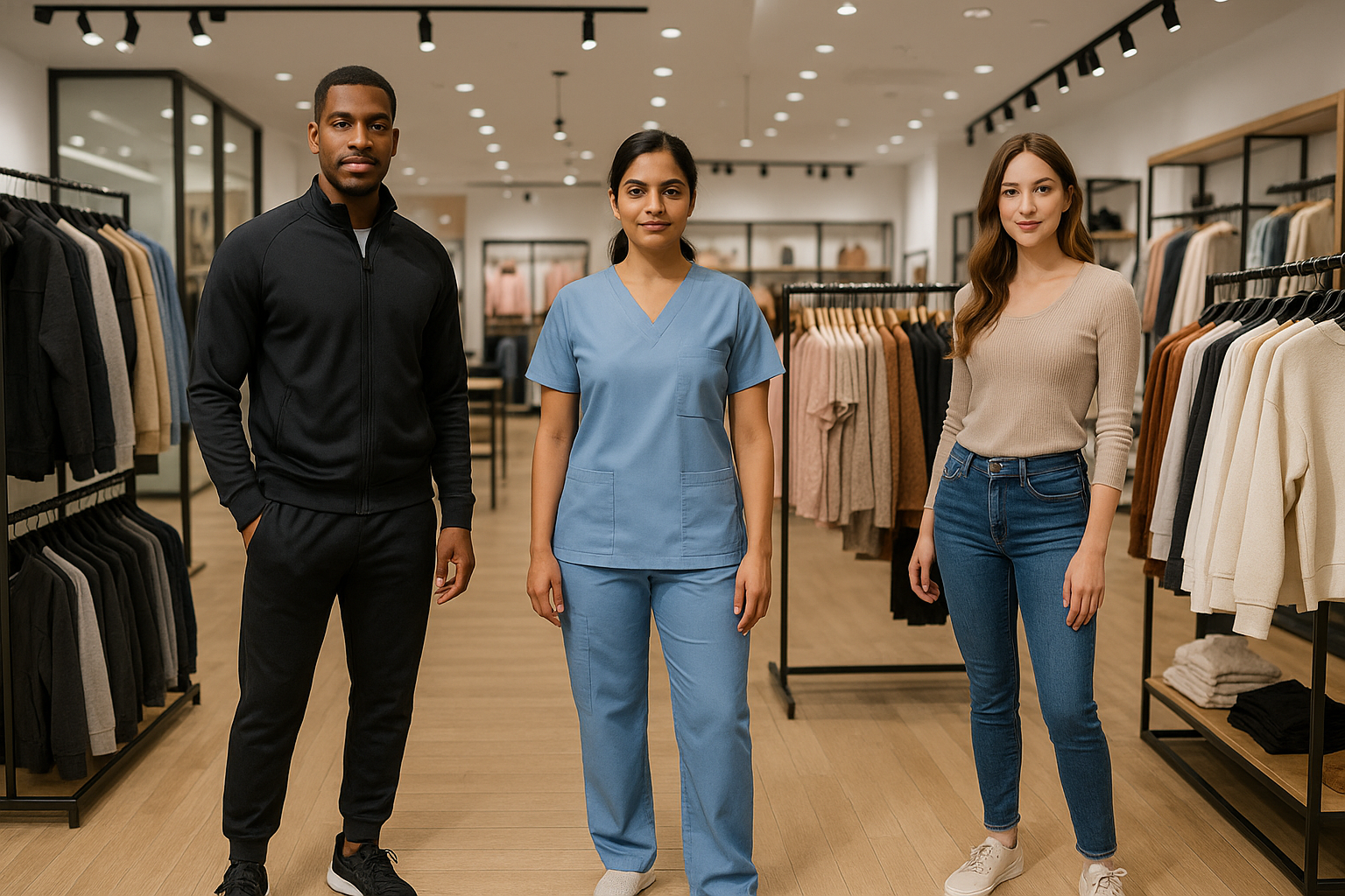 crear modelos 1 hombre vistiendo ropa deportiva 1 mujer con uniforme de enfermeria 1 mujer con ropa casual, todos dentro de una tienda de ropa